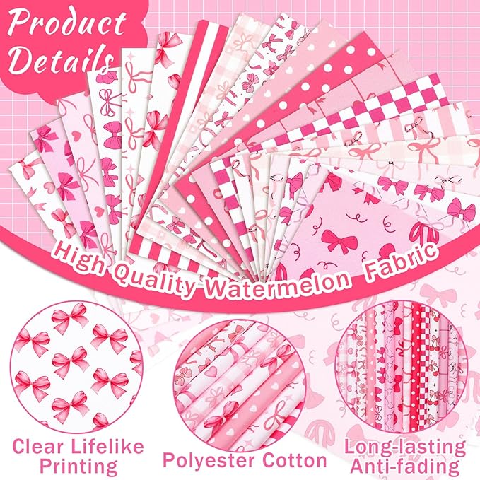 HunnmingRe 20 Pcs 10''x10'' Pink Bow Quilting Fabric Square Coquette Bow Quiltted Fabric Bundle Hot Pink and White Precuts Printed Patchwork Supplies for Holiday DIY Sewing Craft