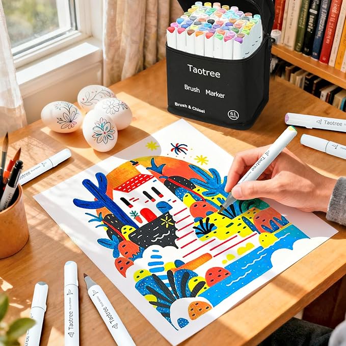 Taotree Alcohol Brush Markers Set Art Supplies, 61 Colors Dual Tip Art Coloring Markers Pens, Brush & Chisel Tip Sketch Pens, Drawing Supplies Gift for Artist Adult Coloring Book Painting, Sketching