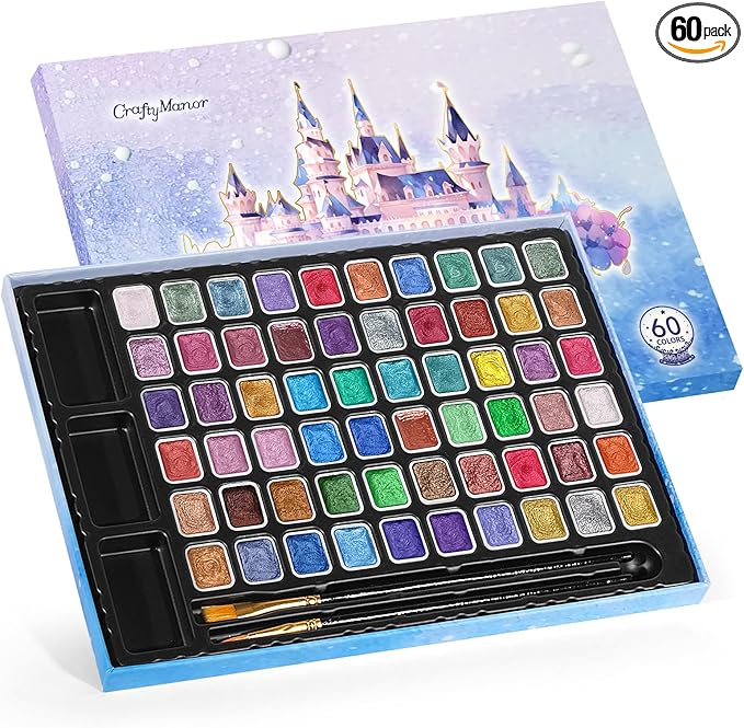 Mini Glitter Watercolor Paint Set with Paper, 60 Colors Shimmer Metallic Watercolour Painting Sets, Solid Pearl Water Color Paints, 1ml Trial Package(1ml 60 Colors)