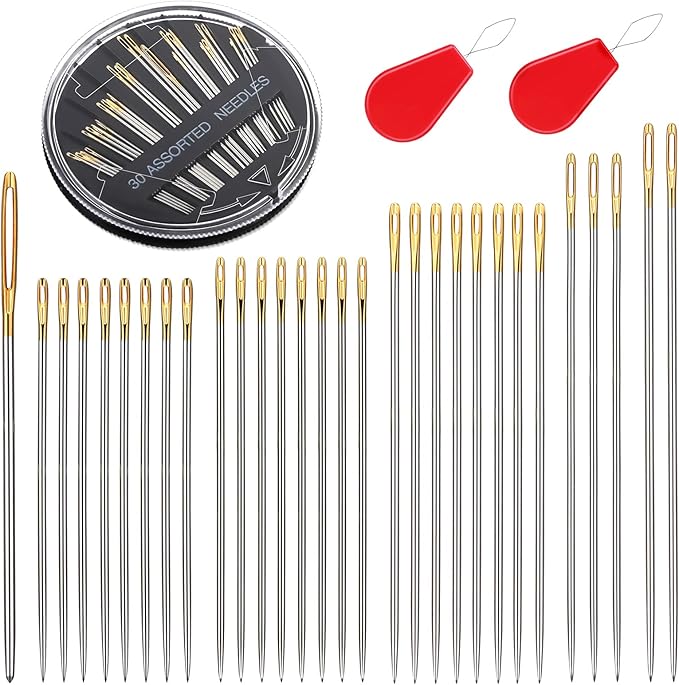 Ftyiwu 30 Pack Hand Sewing Needles, Assorted Embroidery Needles Kit, 6 Sizes Large Eye Sewing Needles with Threaders for DIY Craft Projects, Handsewing, Sewing Repair