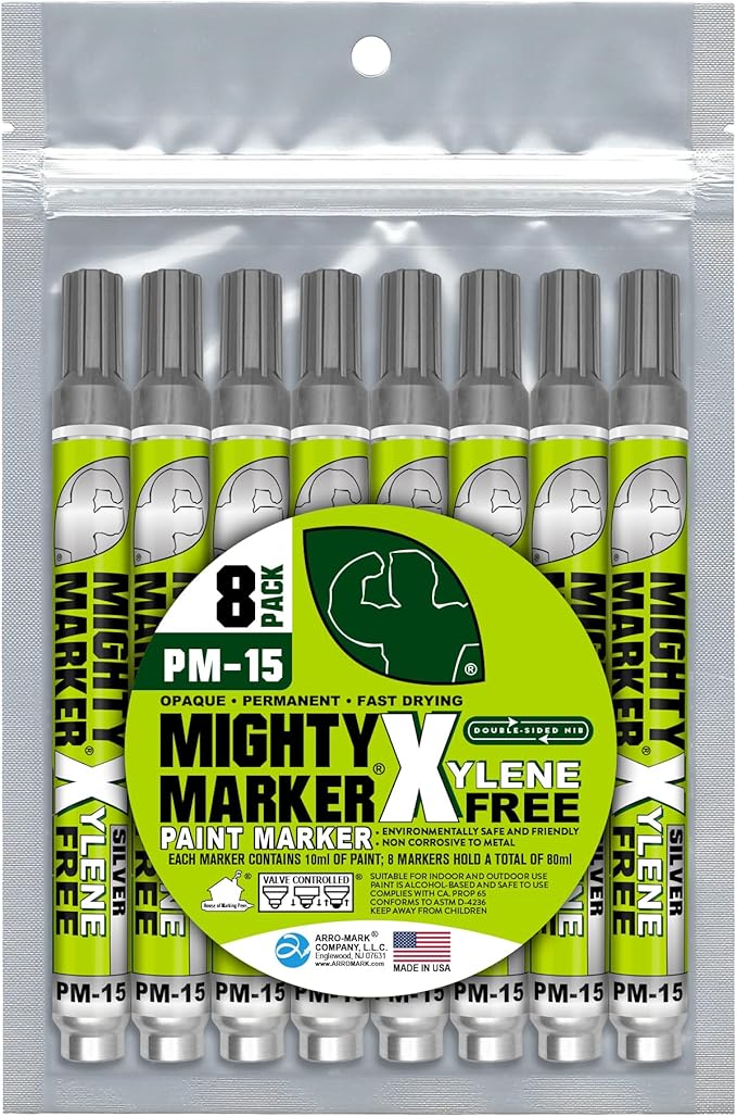 PM-15, Eco-Friendly Paint Marker, Alcohol-Based & Xylene-Free, Waterproof & Permanent, 10ml, 2.3mm Tip, 8 Bonus Tips, Made in USA, Silver 8 Pack