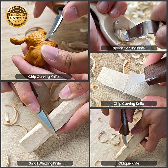 Wood Carving Kit, 16Pcs Deluxe Whittling Set with 8Pcs Whittling Knives & 4Pcs Detail Carving Knives, PU Leather Storage Bag,complete Woodworking Tools for Beginners & Professionals