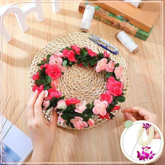 Leriton 13 Pcs Lei Needle Kit Include 6 Pcs Stainless Steel Long Needle 6 Twine 1 Sewing Scissors for DIY Marigold Garland Hawaiian Flowers Bead Stitch Craft(10.2‘’,Novel Style)