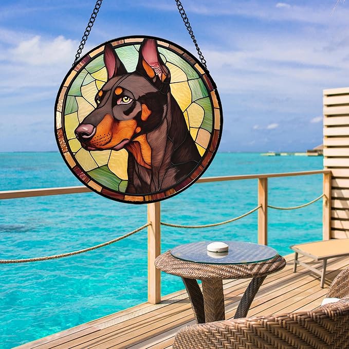 Stained Glass Window Hanging - Funny Dark Brown Doberman Pinscher Suncatcher for Door Terrace Garden Home Decor, Pet Dog Sun Catcher Birthday Gifts for Lovers Women Men Dad Mom Nana 15 in
