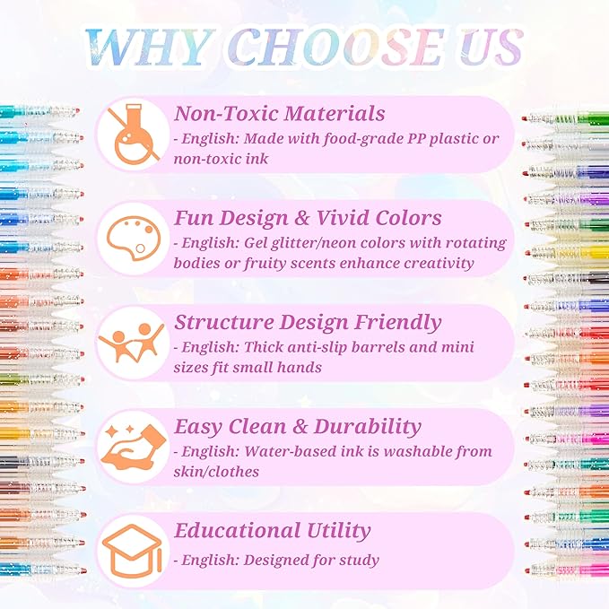 Gel Pens for Coloring - 36 Vibrant Colors Water-Based Food-Grade PP Retractable Glitter Sparkle Gel Pens Colored with Non-Toxic Ink and Thick Anti-Slip Barrels for Adult Coloring Books and Drawing