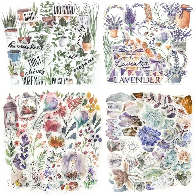 Yoksas 320 Pcs Watercolor Washi Stickers - Forest, Flower, Plant Aesthetic Stickers for Scrapbooking, Bullet Journal, Planners, Calendars