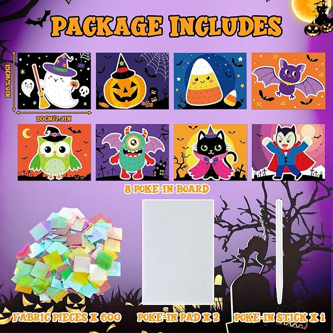 Lonfliness 8PCS Poke-in Craft and Art Kit Halloween No-Mess Fabric Sewing Art Puzzle Puncture Painting DIY Bat Pumpkin Ghost Halloween Toy Gift Creative Activity Game Birthday Party