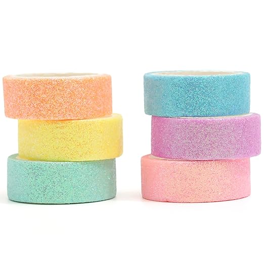 YUBX Glitter Washi Tape Set 6 Rolls Sparkling Foil Decorative Sprinkle Colored Masking Tapes for Arts, DIY Crafts, Journals, Planners, Scrapbook, Wrapping (6 Colors)