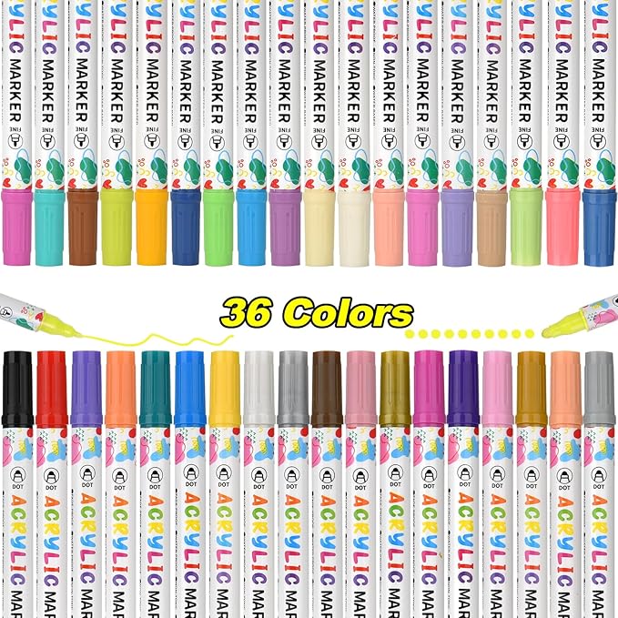36 Colors Acrylic Paint Pens, Dual Tip Acrylic Paint Markers for Paper, Wood, Canvas, Stone, Rock Painting, Glass, Fabric, DIY, Ceramic, Art Supplies for Adults Drawing (Dot + Fine)