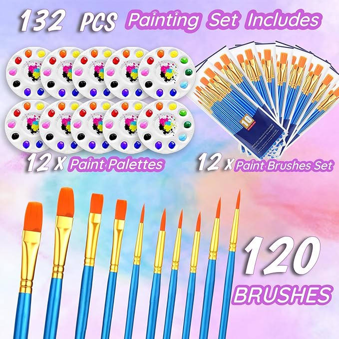 132PCS Valued Paint Brushes and Palettes Set，12Pack of 120PCS Paint Brushes Bulk, 12 Paint Paint Trays, Artist Acrylic Brushes Nylon Brush Head, Suitable for All Purpose Oil Watercolor Painting Set