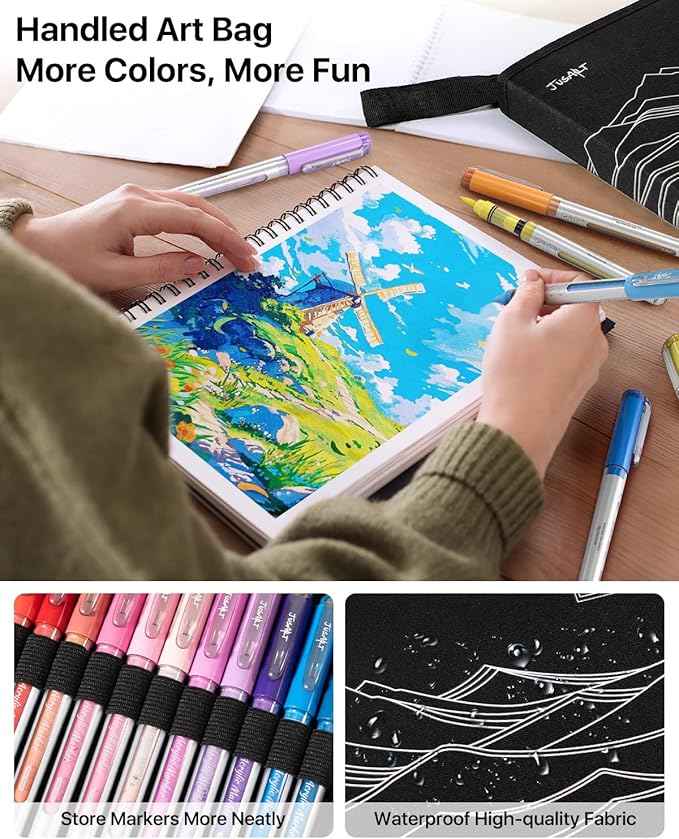 JusArt 72 Colors Acrylic Paint Markers with Canvas Bag, Water-Based No-Bleed Paint Pens with Automatic Ink Control, Waterproof Brush Tip Markers for DIY Art & Crafts -Fabric, Rock, Wood, Glass, Metal