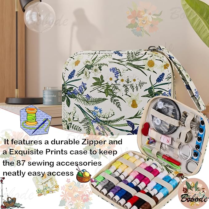 Printing Sewing Kit Bluebell Pattern Sewing Set Travel Sewing Supplies with Zipper Sewing Kit Case, 87 PCS Professional Sewing Accessory for Emergency, Home