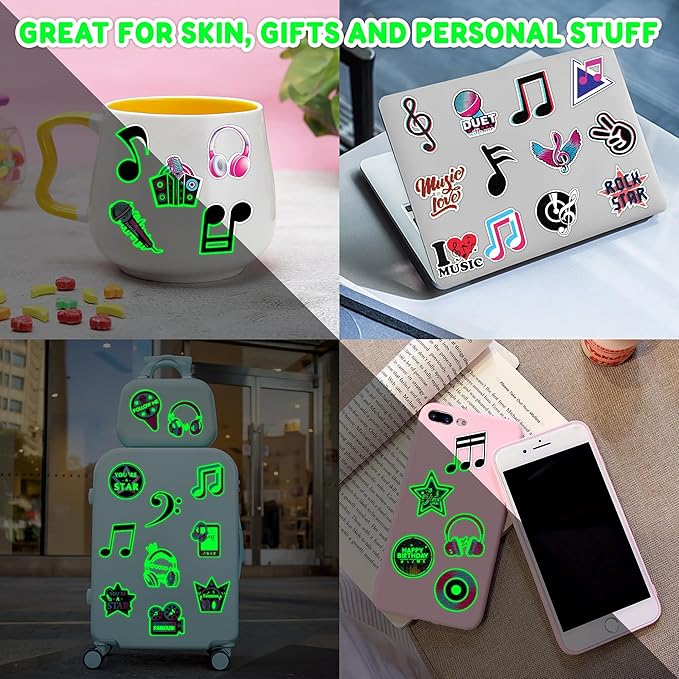 96PCS Music Note Notes Musical Pre-Cut Luminous Glow in the dark Temporary Tattoos for Kids Birthday Themed Party Supplies Decorations Favors Super Cute Instrument Stickers Tattoo Gifts for Boys Girls