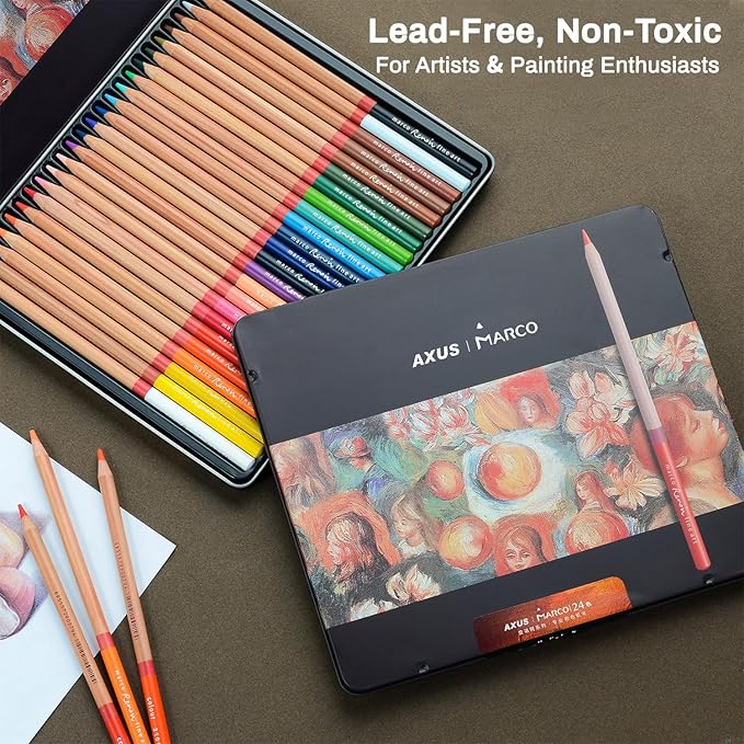 Oil-based Colored Pencils 3.7mm Thick Core, Unbreakable, Great Color Rendering, Iron Box Packed, for Artists & Art Lovers (Renoir 3100 Series - 24 Colors)