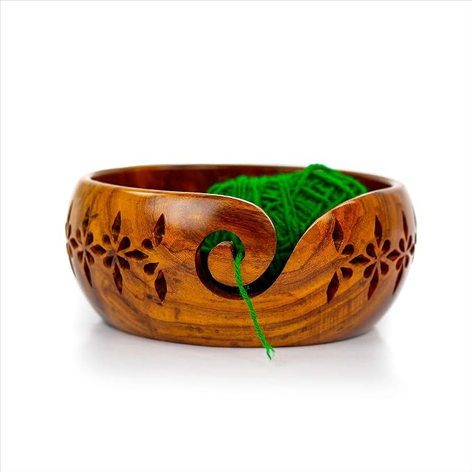 Premium Rosewood Storage Bowl for Yarn Balls & Skeins with Decorative Carved Drills & Drops & Candy Knitting Needles | Knitting & Crochet Notions | Nagina International (Small)