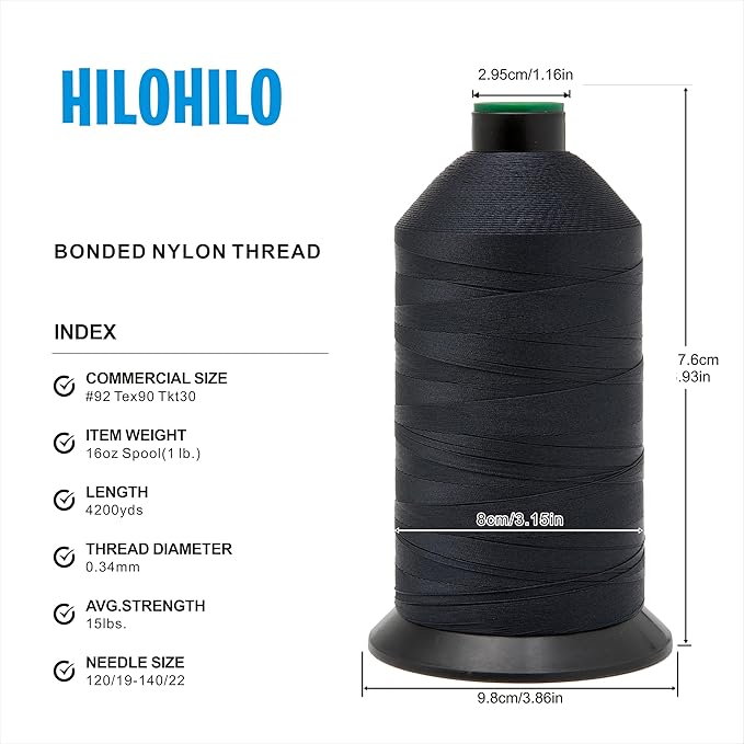 Extra Strong Bonded Nylon Thread #92 Tex90 – 16 OZ, 4200yds, Versatile Stitching Solution for Leather, Upholstery, Canvas Repair and More (Dark Blue)
