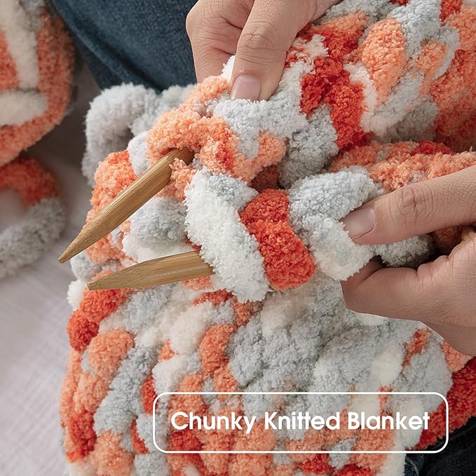 Hombys 8 Pack Giant Chunky Yarn for Crocheting & Knitting - Super Bulky Large Soft Fluffy Tie Dye Plush Fuzzy Mixed Color Thick Chenille Yarn (Orange, Light Grey, White)