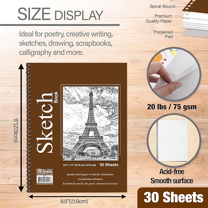 BAZIC Products Sketch Book 30 Ct. 8.5" X 11", Spiral Side Bound Sketchbook Drawing Pads, Sketching Paper Coloring Book for Artist School, 2-Pack