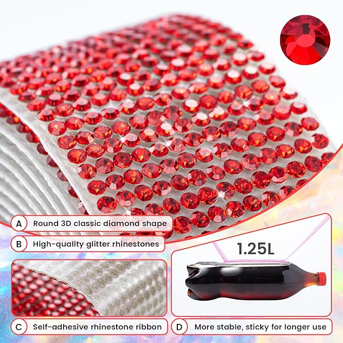 Novani Self Adhesive Rhinestone Ribbon, 0.35 Inch Wide 3 Yards 1 Roll, Red Crystal Diamond Bling Strips for DIY Crafts,Home Decor,Glitter Glass Rhinestones Tape for Crafting,Car Decoration