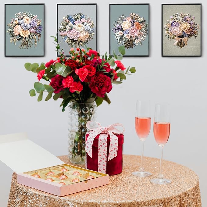 FONNUY Bouquet Flowers Embroidery Kit for Beginners, Pre-Stamped Pattern Kits for Adults with Hoop, Easy to Follow Color Thread Needlework, 8'' Hoop (Joyful Bouquet)