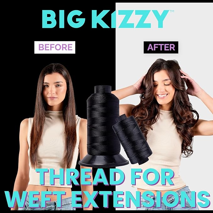 Big Kizzy Black 1400m Nylon Thread for Hair Extensions, Sew in Human Hair Weft and Wigs - Non-Slip and Comfortable Hold for Hand and Machine Tied Weft