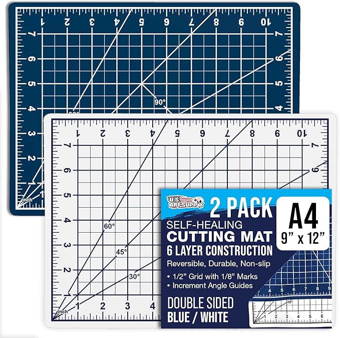 U.S. Art Supply 9" x 12" Self-Healing Cutting Mat 5-Ply (2 Pack) - Double-Sided White/Blue Craft Mat, Non-Slip Cutting Mats for Crafts, Sewing, Quilting, Scrapbooking