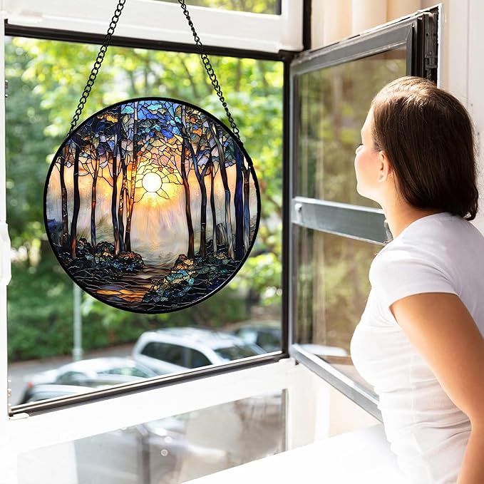 Stained Glass Window Hanging, Forest Sunrise Smoke Blue Brown Tree Suncatcher for Doors Window Home Landscape Sun Catchers Decor Mother's Day Birthday Gifts for Women, Men Mom 11.8 in