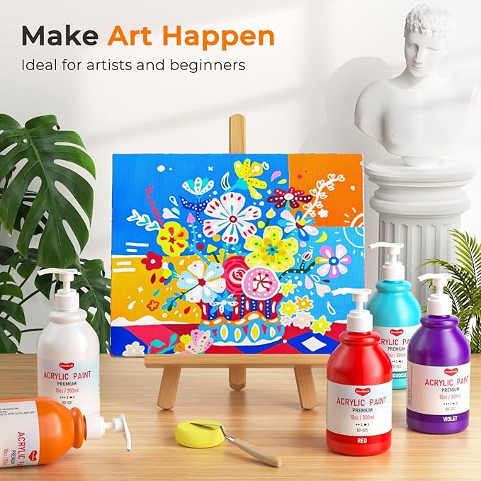 15 Colors Large Bulk Acrylic Paint Set (10 oz,300 ml) Art Painting Supplies for Multi Surface Canvas Wood Leather Fabric Rock Craft, Non Toxic Paint for Kid & Adult with Pump, Color Wheel