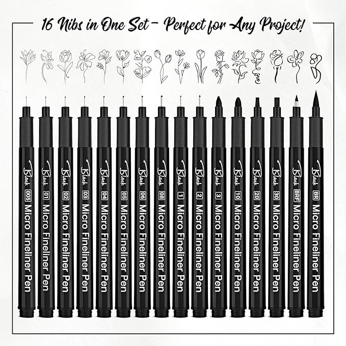 16 Black Micro Drawing Fineliner Art Pens for Calligraphy, Zentangle, Sketching, Manga & Anime, Bullet Journaling,Professional Artwork, Multiliner Archival Ink Waterproof Pen