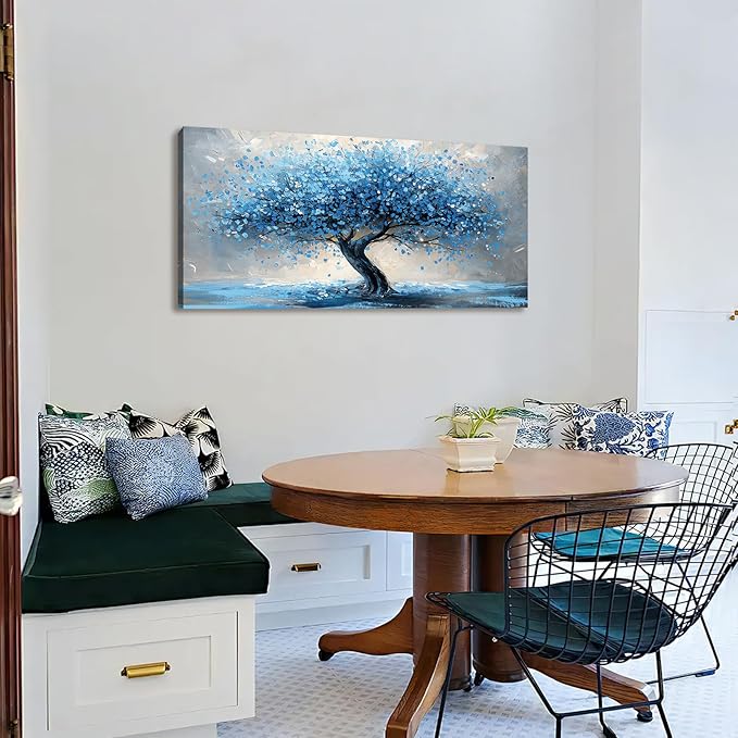 WENGTIAO Large Wall Decor For Living Room, Blue Trees Canvas Wall Art For Bedroom Office Decor Tree Panoramic Landscape Wall Paintings Prints Textured Pictures Artwork Modern Home Decoration 60X120cm