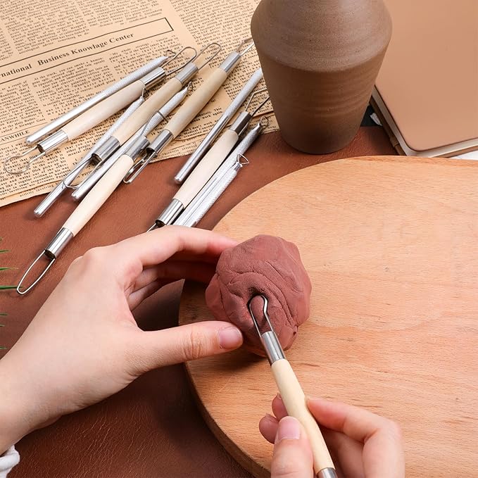 12PCS Double-Sided Clay Sculpting Tools, Wooden Handle Clay Carving Tools Clays Wire Loop Sculpture Set Clays Pottery Sculpting Tool Set for Ceramic, Carving Modeling