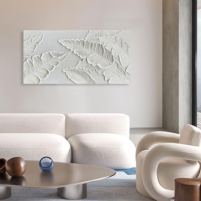 NANKAI Art Hand Painted Thick Texture White Abstract Art Oil Painting 48x24 inch White Leaf Texture Painter House Wall Art Decorative Oil Painting