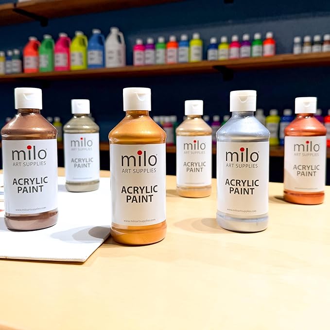 milo Metallic Acrylic Paint Set of 6 Colors | 8 oz Bottles | Student Metallic Colors Acrylics Painting Pack | Made in the USA | Non-Toxic Arts & Crafts Paints for Artists & Hobby Painters