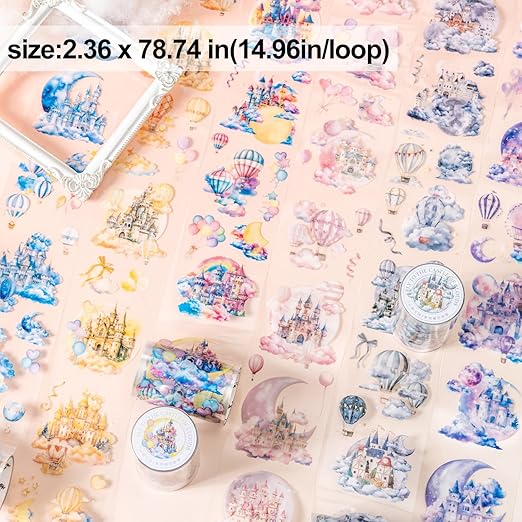 Cloud-Themed Pre-Cut PET Tape Set, 6 Rolls of Fantasy Castle and Balloon Stickers for Scrapbooking, Journaling, and DIY Craft Supplies