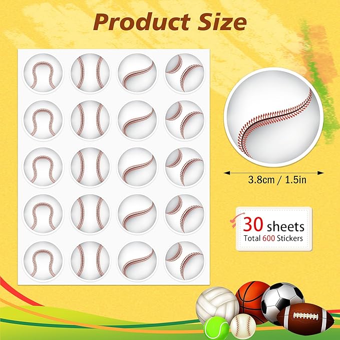 600 PCS Baseball Stickers for Kids, Baseball Stickers Sports Ball Theme Decals Sticker for Craft Scrapbooks Envelope Gift Classroom Teacher Baseballs Birthday Party Decor, 1.5 Inch