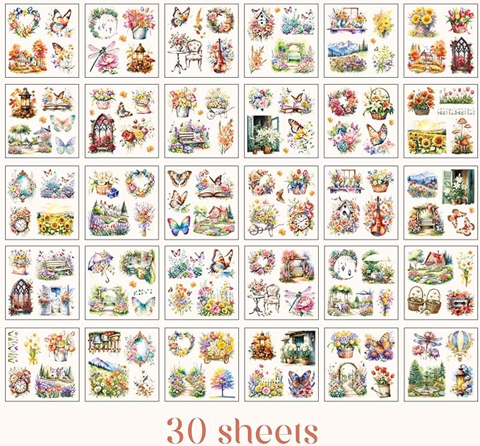 Floral Stickers Set,30 Sheets Orange Waterproof PET Clear Flower Stickers for Scrapbooking Journaling Bullet Journal Junk Journal Supplies