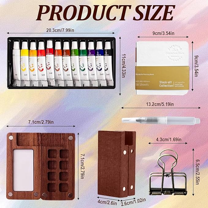Mini Watercolor Travel Set, 2026 New Portable Pocket Artist Watercolor Paint Set with Picture Book, Wooden Paint Palette for Painters, Artists, and Students (8 Grids with 12 Color Paints)
