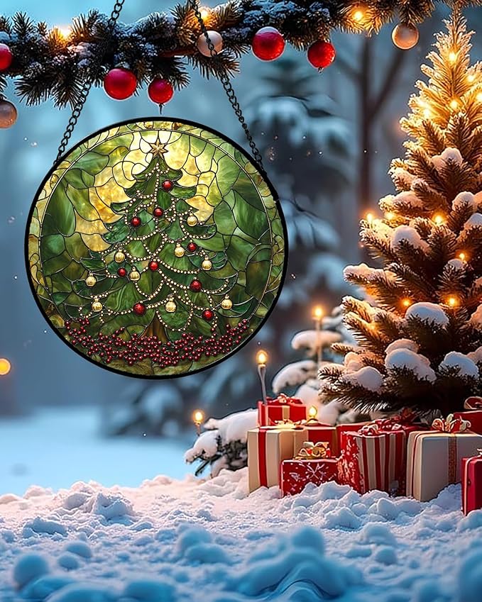 Stained Glass Window Hanging - Retro Green Christmas Tree Suncatcher for Doors Home Christmas Decoration Sun Catcher Thanksgiving New Year Birthday Gifts for Women Men Mom Nana 7.8 in