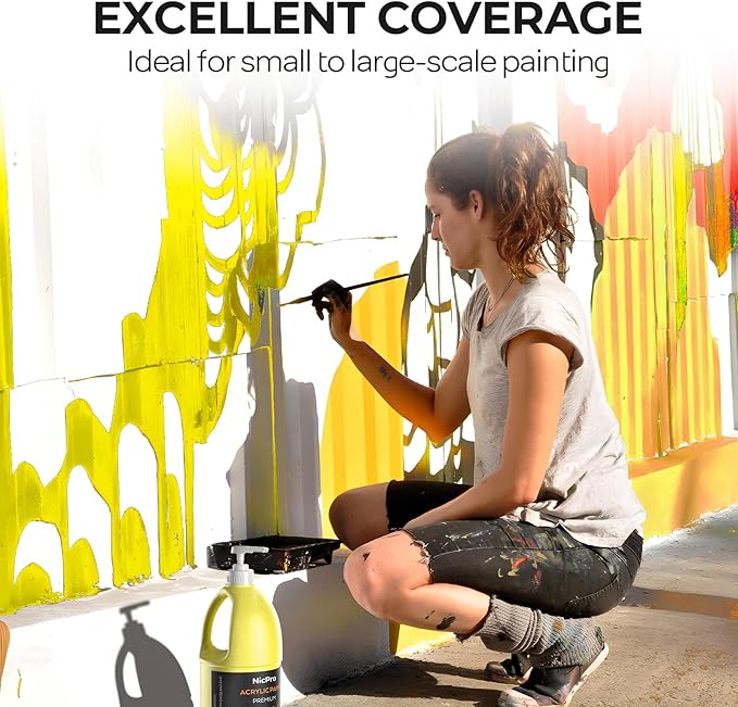 Nicpro Lemon Yellow Large Acrylic Paint Set (69 oz, 2040 ml) Rich Art Painting Supplies Non Toxic for Multi Surface, Canvas, Wood, Leather, Fabric Stone Craft, for Beginner & Artist with Pump