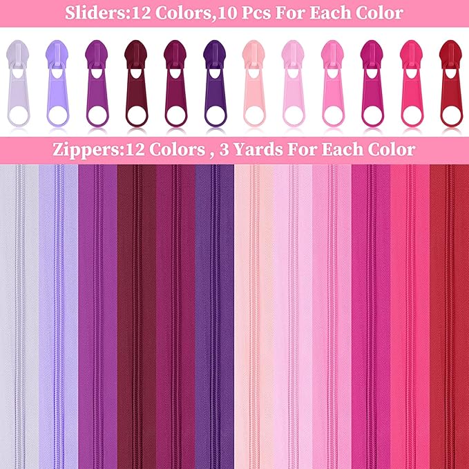 Syhood 36 Yards 12 Pieces #5 Sewing Zippers Tapes Assorted Nylon Lightweight with 120 Plastic Zipper Sliders for Women Men Sewing Supplies(Princess Pink)