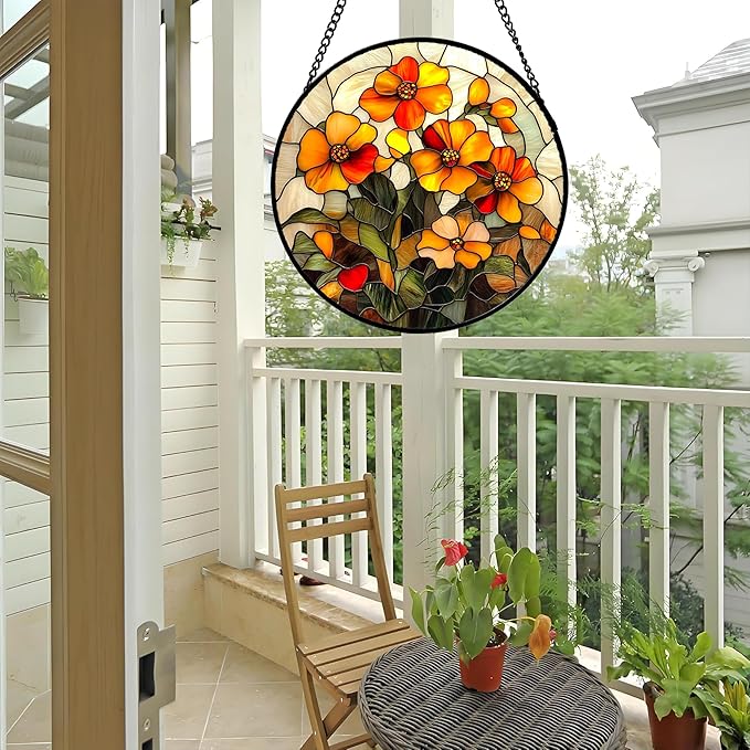 Stained Glass Window Hanging - Orange Marigolds Flowers Suncatcher for Door Garden Yard Sun Catchers Decor Christmas Mother's Day Birthday Gifts for Women Mom Nana Girlfriend Men 11.8 in