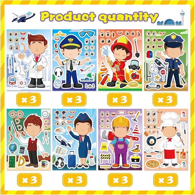 DUJAA 24 Sheets Occupation Post Stickers, Educational Stickers for Kids, Firefighter Doctor Policeman Chef Teacher, Color, Paper, Cartoon, Rectangular, Indoor/Outdoor, 24 Count