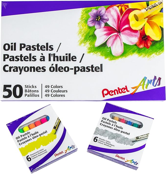 Pentel Arts Oil Pastels - 50 Color Set with Metallic and Fluorescent Packs, 3pk Set