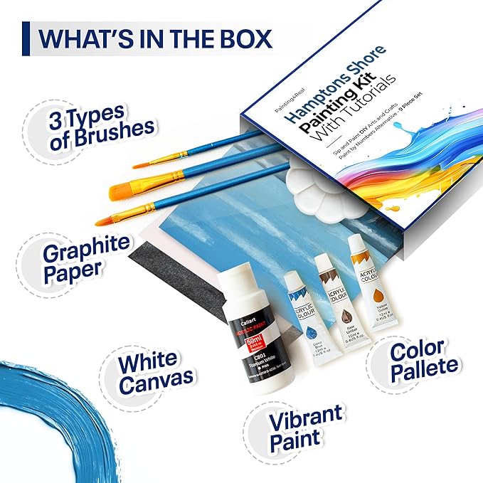 Painting4Real DIY Art Painting Kit for Adults – Learn to Paint Hamptons Shore with Video Tutorials – 9 Pieces Acrylic Paint Set for Adults –Perfect Christmas Crafts & Holiday Gifts for Art Lovers