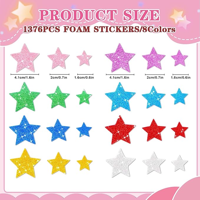 1376Pcs Foam Star Stickers,Glitter Foam Stickers Small Large Star Shape Sticker Self Adhesive,8Sheets Colorful Sticker for Kids Reward Arts Crafts Supplies Scrapbook Christmas Decor(8,Multicolor)