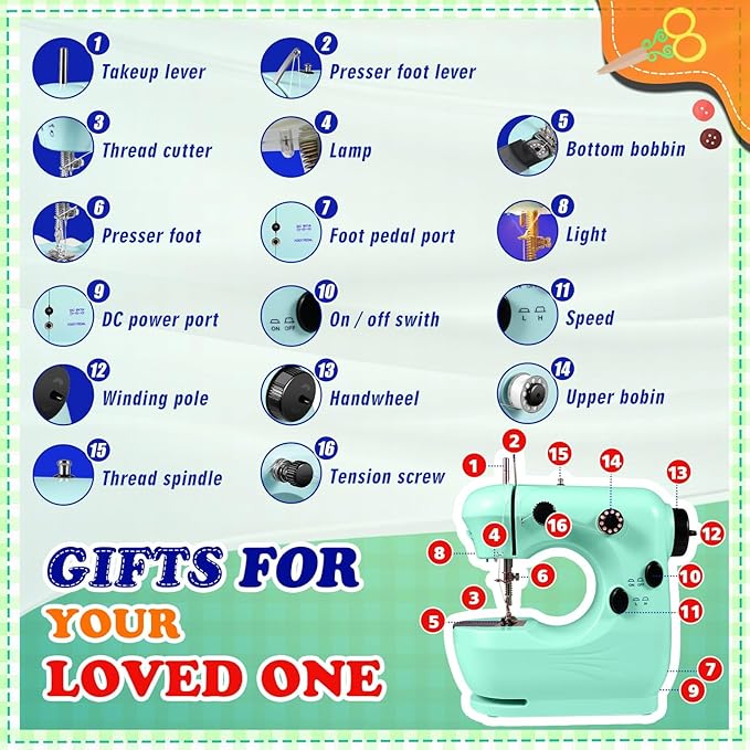 Sewing Machine, Mini Sewing Machine for Beginner with Eco-Friendly Material, Dual Speed Portable Sewing Machines with Extension Table, Light - Easy to Use, Best Gift for Kids and Women