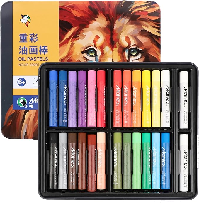Marie's 24 Colors Oil Pastels with 2 Bonus White Pencils in Tin Box,Vibrant Colors for Smooth Blending & Layering, Oil Pastels for Artists, Students, Teachers & Beginners (10x70mm)