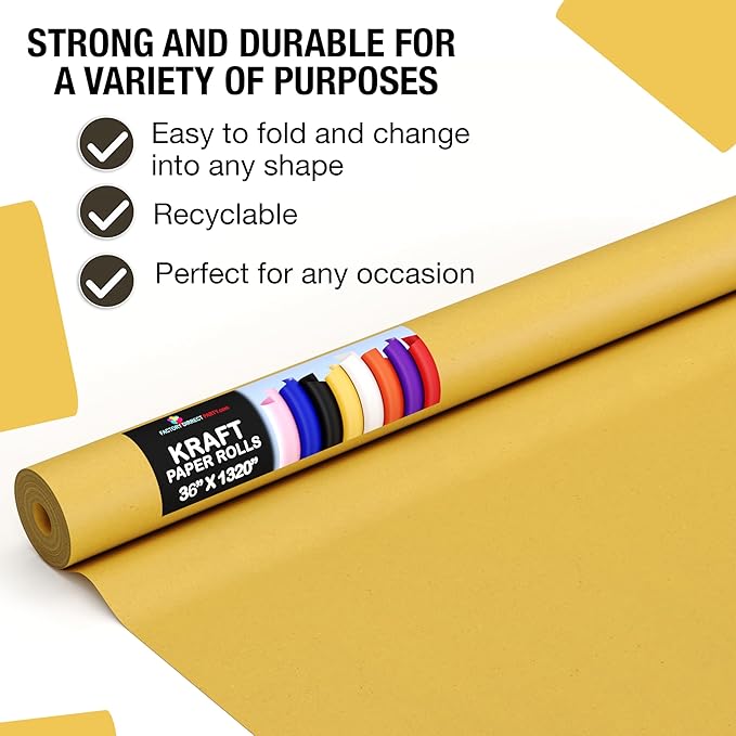 Crown Display Yellow Kraft Paper Roll - 36" X 1320" (110' Ft) - Colored Paper Roll - Kraft Wrapping Paper - Shipping & Packing Paper - Craft Supplies