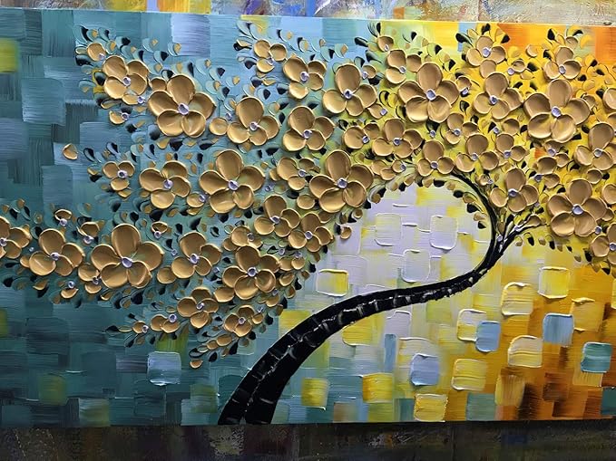 YaSheng Art -100% Hand Painted 3D Golden Flowers Contemporary Art Oil Painting On Canvas Texture Palette Knife Tree Paintings Home Dining Room Living Room Wall Decor Large Abstract Canvas Art Paintings 24x60inch
