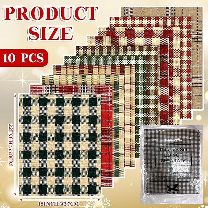 Hahafelt 10 Pcs Vintage Christmas Quilting Fabric 18 x 22 Inch Plaid Homespun Cotton Fabric Jelly Squares Lattice Rustic Precut Santa Claus Quilting Strips for Xmas Craft Sewing DIY